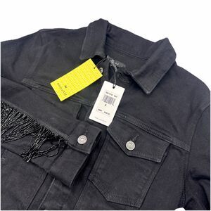 Seven 7 For All Mankind Black Denim Crop Jean Jacket Size M Fringed Arms NWT NEW